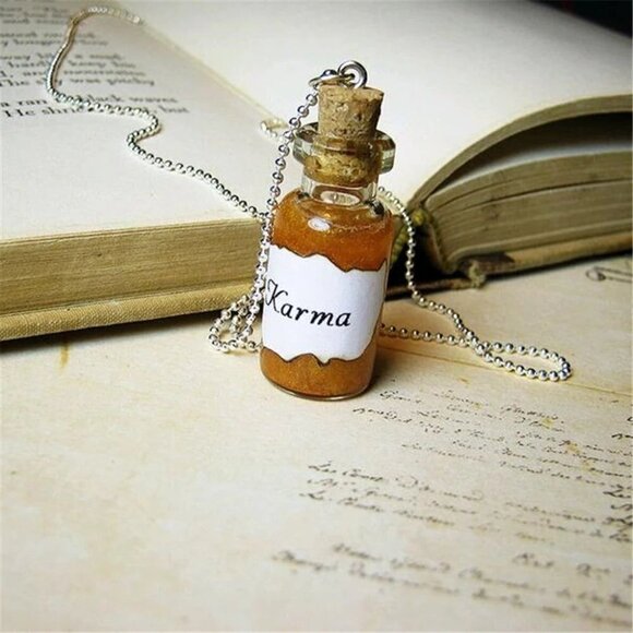 Karma in a Glass Bottle Pendant Lucky Amulet Necklace Stainless Steel Thin Width - Picture 1 of 4